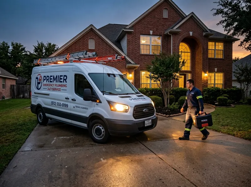 Emergency plumbing service van parked in Longview Texas residential driveway at twilight