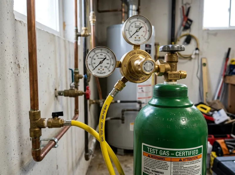 Precision brass forming gas regulator valve and pressure gauge mounted on certified test cylinder