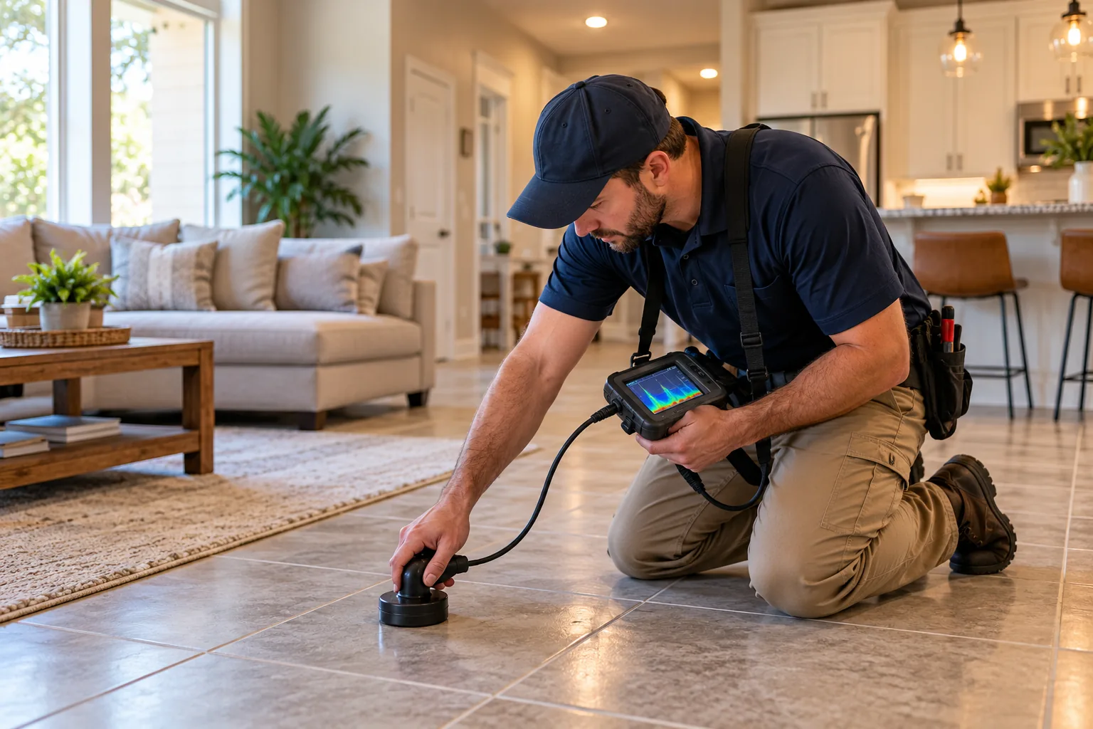 Plumbing technician setting electronic acoustic leak detection sensors on concrete foundation
