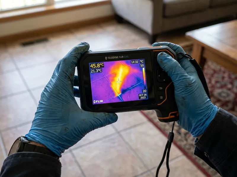 Close up view of FLIR thermal imaging camera display screen showing radiant hot water leak pattern