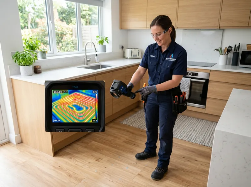 Plumbing diagnostic technician using high-resolution thermal imaging camera on residential kitchen floor in Longview TX