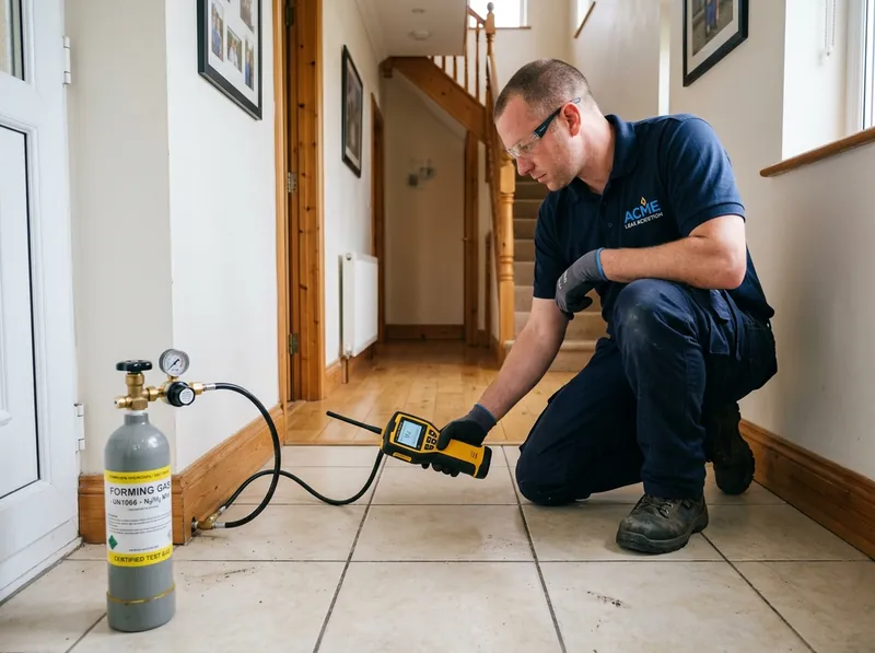 Plumbing technician using specialized electronic hydrogen gas sniffer probe along residential floor tile in Longview TX