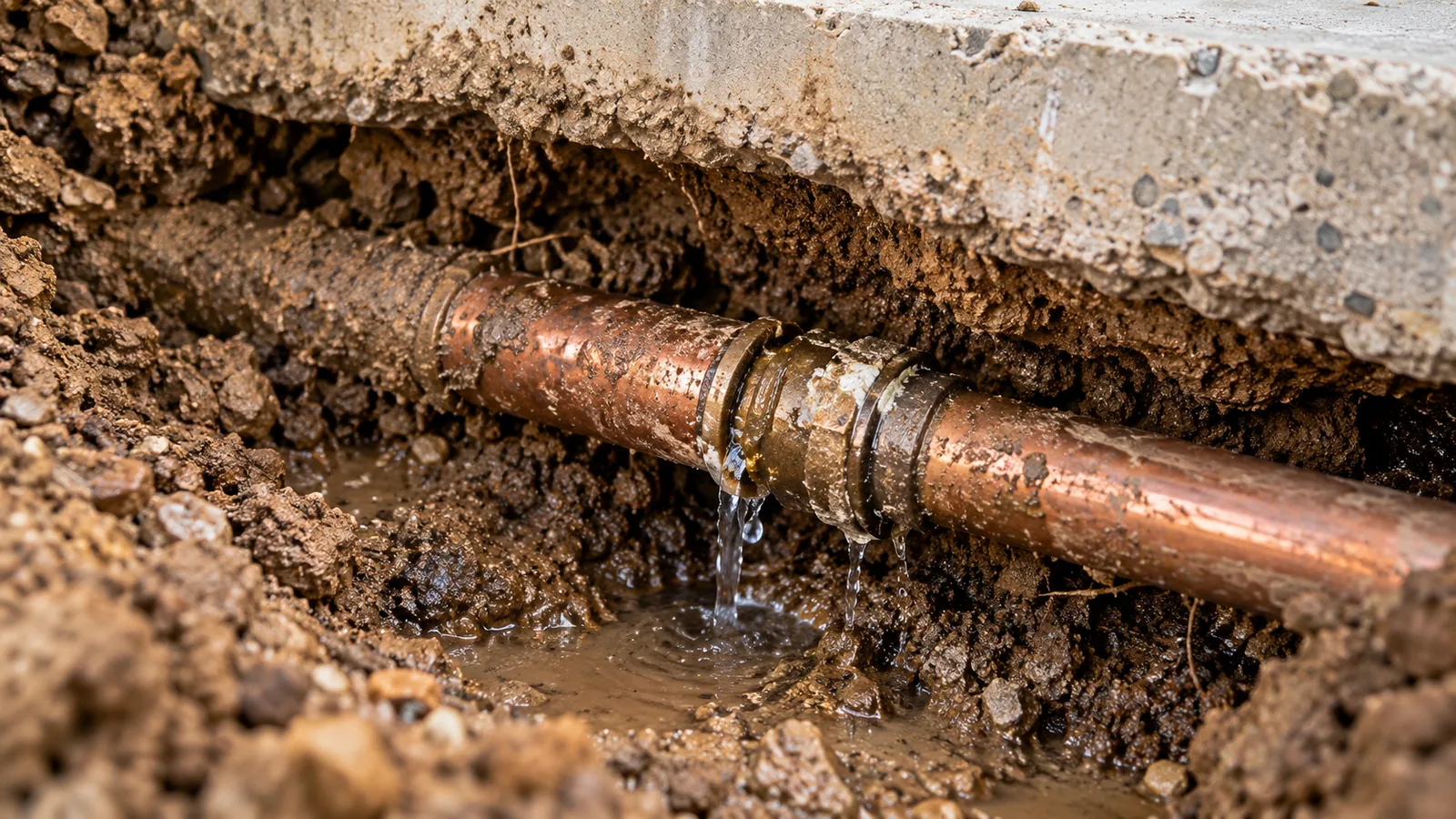 Corroded under slab copper pipe with visible pinhole water leak beneath foundation concrete